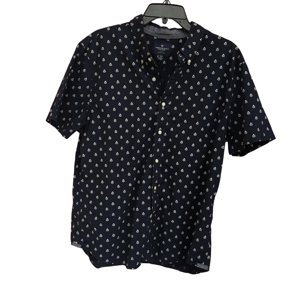 American Eagle Mens XL Navy Blue Floral Short Sleeve Button Down Classic‎ Fit